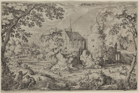 Jacob, I Savery, Netherlandish, 1565-1603, Deer Hunt in a Swamp before a Chapel and Tower, c. 1602,