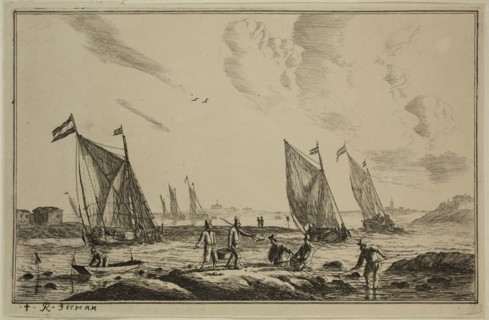 Reinier Nooms, Dutch, 1623-1667, Harbor Scene with Fisherman, 17th century, etching printed in