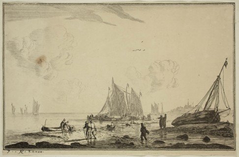 Reinier Nooms, Dutch, 1623-1667, Harbor Scene with Beached Sailing Vessel, 17th century, etching