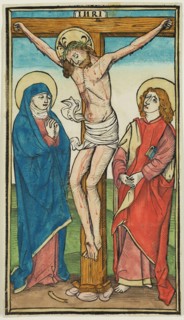 Christ on the Cross, ca. 1485, woodcut printed in black, colored by hand on laid paper, Image: 9