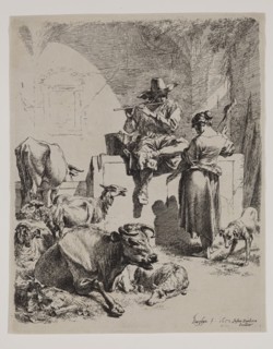 Nicolaes Berchem, Dutch, 1620-1683, Shepherd Sitting on the Fountain, 1652, etching printed in