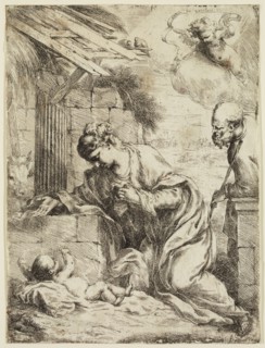 Bartolommeo Biscaino, Italian, 1632-1657, Virgin Adoring the Infant Jesus, 1655, etching printed in