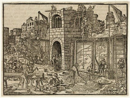 Jobst Amman, German, 1539-1591, Rebuilding of the Temple, 1564, woodcut printed in black ink on