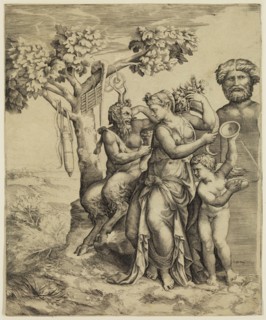 Guilio di Antonio Bonasone, Italian, 1498-1580, Pan Seated Near a Nymph with a Cornucopia, between