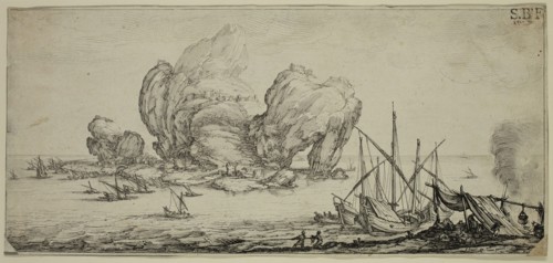 Le grand rocher, ca. 1630, etching printed in black ink on laid paper glued to gray wove paper,