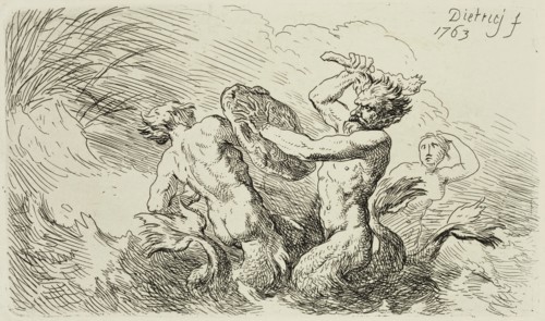 Christian Wilhelm Ernst Dietrich, German, 1712-1774, Mermen Fighting, 1763, Engraving printed in