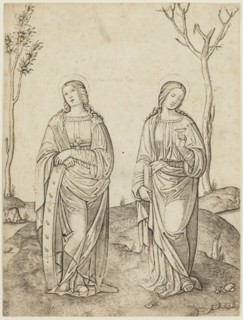 Anonymous Artist, Saint Catherine and Saint Lucie, 16th century, engraving printed in black ink on