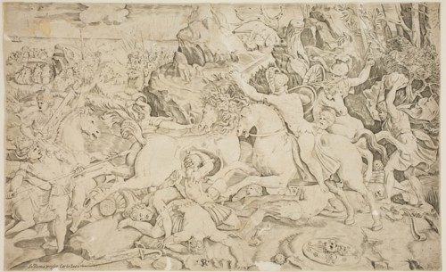 Marco Dente da Ravenna, Italian, 1482-1527, Battle, early 16th century, Engraving printed in black