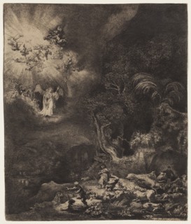 Rembrandt Harmensz van Rijn, Dutch, 1606-1669, Angel Appearing to the Shepherds, 1634, etching,