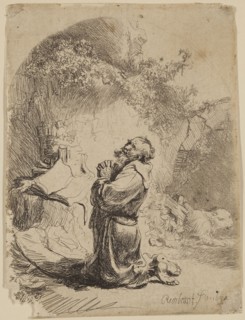 Rembrandt Harmensz van Rijn, Dutch, 1606-1669, Saint Jerome Praying: Arched, 1632, etching printed