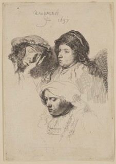 Rembrandt Harmensz van Rijn, Dutch, 1606-1669, Three Heads of Women, 1637, etching printed in black