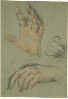 Bernardo Strozzi, Italian, 1581-1644, Study of Three Hands, between 1625 and 1630, black and red
