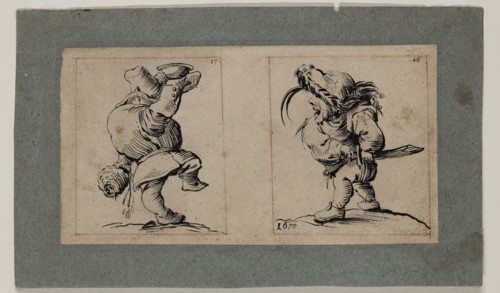 Unknown (French), after Jacques Callot, French, 1592-1635, Two Grotesque Figures, 1675, brush and