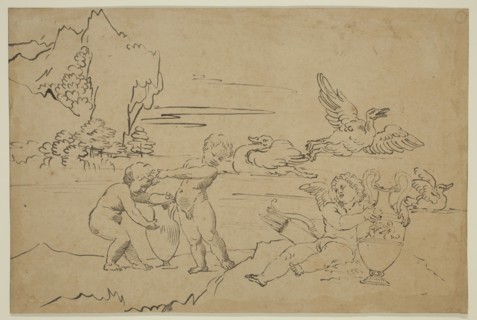 Michel Corneille the Younger, French, 1642-1708, Landscape with Cupids, 17th century, pen and black