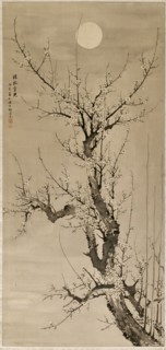 Yamamoto Baiitsu, Japanese, 1783-1856, Prunus in the Moonlight, 1846, Ink on silk, Overall: 103 3/4