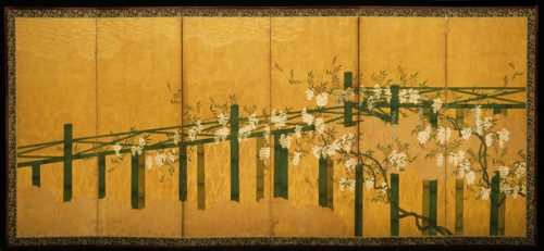 Unknown (Japanese), Blue and White Wisteria on a Bamboo Trellis, early 17th century, ink and color