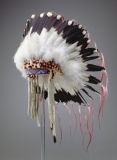 Crow, Native American, Feather Headdress, ca. 1890, leather, eagle feathers, ermine skins, glass