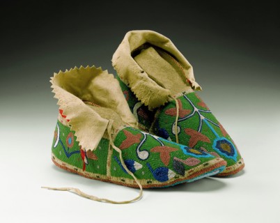 Eastern Sioux, Native American, Moccasins, ca. 1890, buckskin, rawhide, fabric, and glass beads,