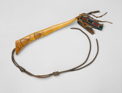 Meskwaki, Native American, Quirt, ca. 1850, engraved elk antler, rawhide, deerskin, and glass