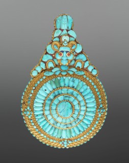 Tibetan, Buddhist Ornament, 19th century, Turquoise, gold, silver, and coral, Overall: 4 1/2 inches