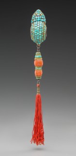Tibetan, Buddhist Ornament, 19th century, Turquoise, coral, gold, silver, thread, Overall (with