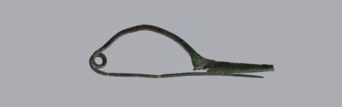 Arched fibula. Fibula with an arched bow; the pin emerges from a double-coiled spring. The sheath