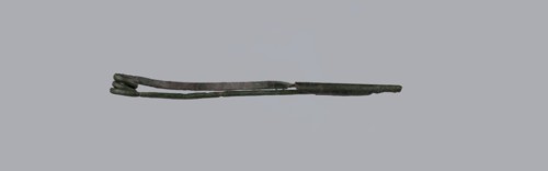 Arched fibula. Fibula with an arched bow; the pin emerges from a double-coiled spring. The sheath
