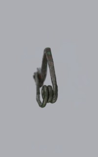Arched fibula. Fibula with an arched bow; the pin emerges from a double-coiled spring. The sheath