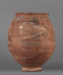 Pithos, unknown Egyptian workshop. Storage vessel with an ovoid belly, small annular high foot, and
