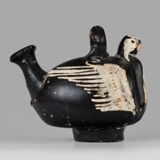 Guttus gnathia in the shape of a bird, bird with wings iconography, southern Italic pottery,
