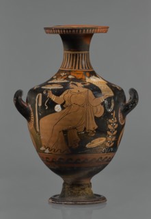 Red-figure hydria, Southern Italy, Apulia; hydria vessel, 330–320 BC. Black glossy engobe with some