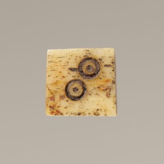 Game die made of animal bone with six unequal sides. Each side is engraved with a number from 1 to