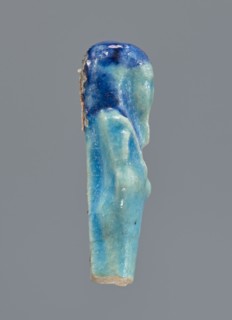 Shabti, Mummy-shaped figurine supported at the back on a pillar. Legs missing from the knees down.
