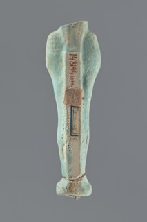 Shabti, Mummy-shaped figurine, funerary offering, standing on a base; head missing. A narrow,