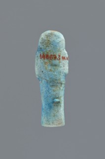 Ushabti, Mummy-shaped figurine, impressed in a mold, carelessly made of faience; back flat and