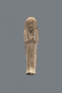 Shabti, mummy-shaped figurine, funerary gift, hoes; made carelessly, impressed in a mold. Hands