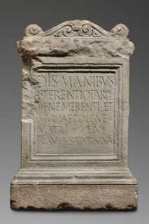 Funerary altar of Lucius Terentius Tarpius and Mucia Polla with Latin inscription. Unknown Roman