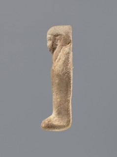 Shabti, Mummy-shaped figurine, standing on a base, the back supported by a flat pillar. Arms