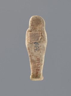 Shabti, mummy-shaped figurine, funerary gift, hoes; standing on a base with back supported by a