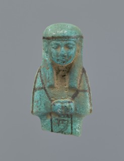 Ushabti, Mummy-shaped figurine, preserved upper fragment from the waist up. Arms crossed on the