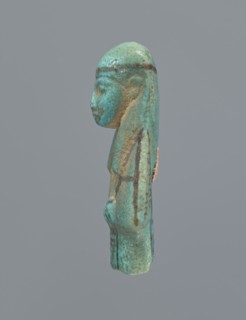 Ushabti, mummy-shaped figurine, preserved upper fragment from the waist up. Arms crossed on the