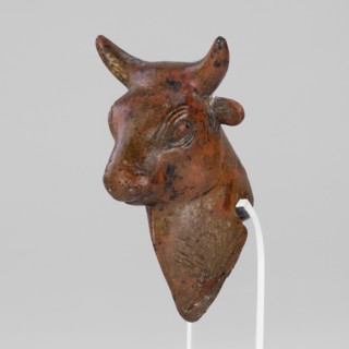 Bull-headed protoma, vessel decoration, unknown Urartian workshop. Protoma depicting a stylized