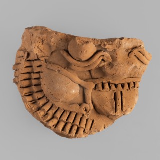 Mask of the god Bes — fragment of a vessel;, Bes myth., Egyptian deity; Egyptian art; 1st–2nd