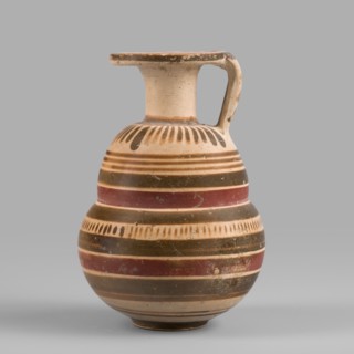 Italo-Corinthian aryballos, geometric motifs, Etruscan pottery, 600–575 BC, Etruria, aryballos