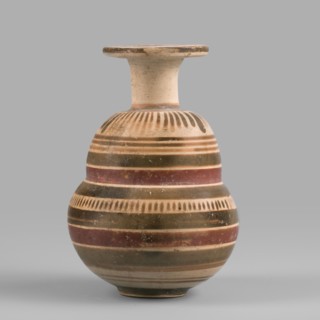 Italo-Corinthian aryballos, geometric motifs, Etruscan pottery, 600–575 BC, Etruria, aryballos