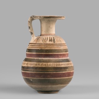 Italo-Corinthian aryballos, geometric motifs, Etruscan pottery, 600–575 BC, Etruria, aryballos