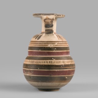 Italo-Corinthian aryballos, geometric motifs, Etruscan pottery, 600–575 BC, Etruria, aryballos