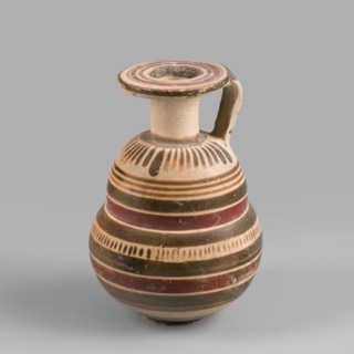 Italo-Corinthian aryballos, geometric motifs, Etruscan pottery, 600–575 BC, Etruria, aryballos