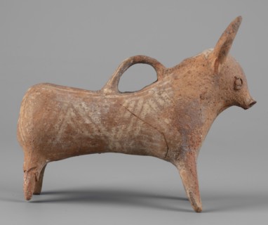 Bull-shaped vessel, Vessel in the shape of a bull standing on widely spaced legs. Cylindrical body