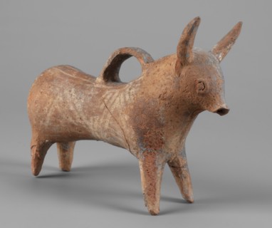 Bull-shaped vessel, Vessel in the shape of a bull standing on widely spaced legs. The cylindrical